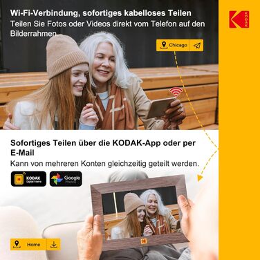Цифровий фоторамка Kodak WiFi, 8 дюймів, IPS сенсорний екран, 32GB, автоматичне обертання, коричневе дерево
