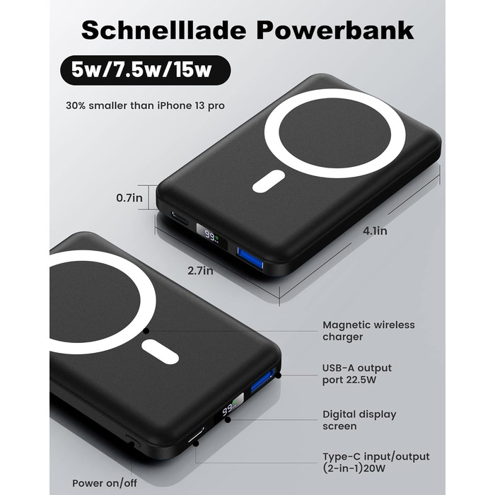 Бездротовий 22.5W PD зі світлодіодним дисплеєм для iPhone 15/14/13/12 (чорний), 10000mAh