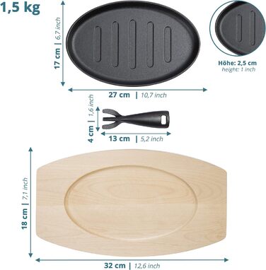 Дуже великі чавунні сковороди valuents з листом для гриля 27 см, включаючи дерев'яну підставку FSC, 32 см, для сервірування