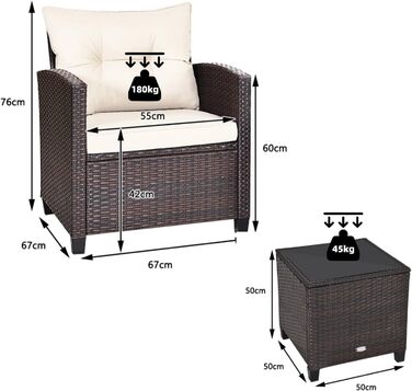 Набір садових меблів LIFEZEAL 3 предмети: 2 крісла та стіл з ротангу PE, скляна стільниця, подушки для тераси, балкона, саду (Коричневий з чорним)