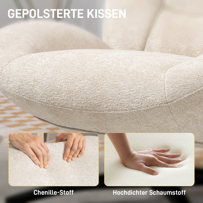 Обертовий м'який стілець, акцентний стілець з наповнювачем з ПП-бавовни, тканинне покриття, сталеве підстав'я, кремово-білий