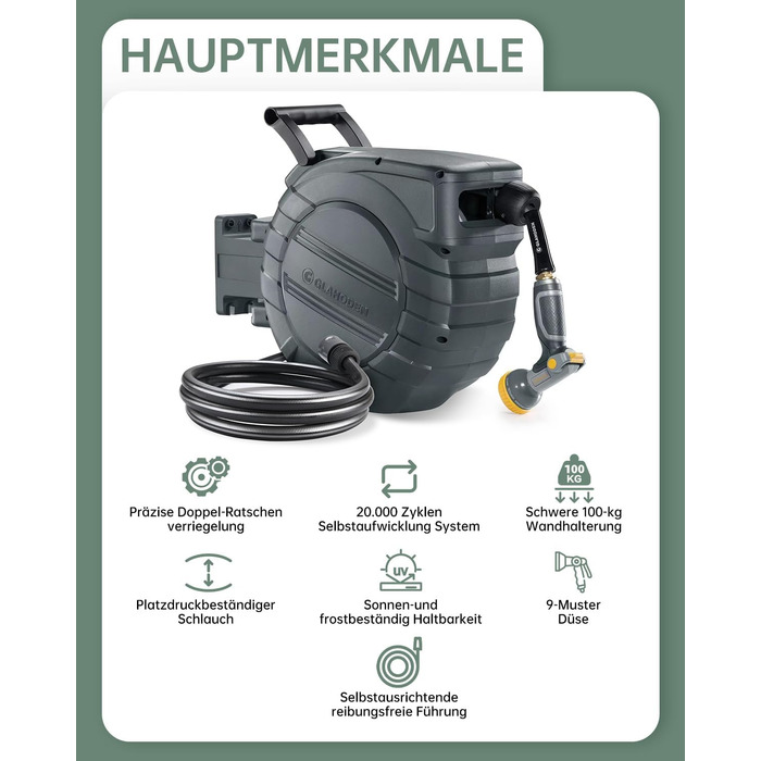 Шланговий барабан GLAHODEN з шлангом для саду 40 м + 2 м, стійкий до сонця та морозу, поворотний на 180°, настінна шланговий бокс з 9-функціональною розпилювальною насадкою (30 м)