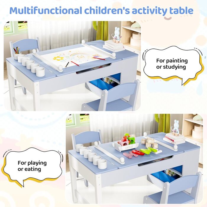 Дитячий стіл MAMIZO з 2 стільцями: дерев'яний стіл для ігор з місцем для зберігання, комплект меблів для дітей, стіл для малювання та рукоділля, від 3 років (блакитний)