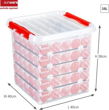 Короб для прикрас Sunware Q-Line, 38 л, прозорий, червоний, для 125 кульок