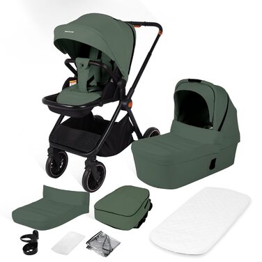 Дитяча коляска 2-в-1 BabyVoyage – комбінована коляска з люлькою та прогулянковим блоком, поворотні колеса 360°, амортизація, регульована ручка, складна конструкція, аксесуари, колір зелений