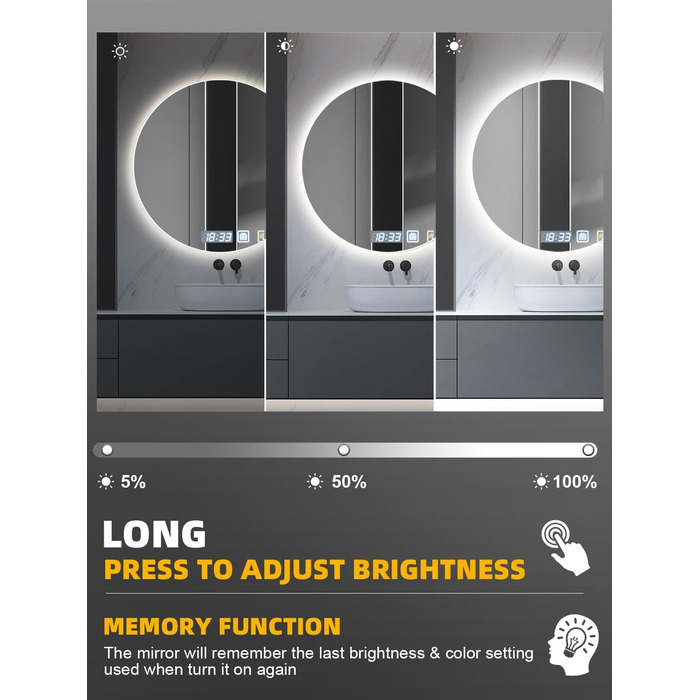 Дзеркало для ванної кімнати 600мм з підсвічуванням, регульоване, з антизапарюванням, таймером, IP44, кругле