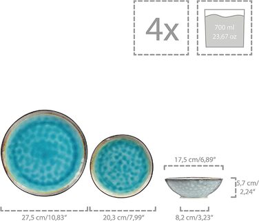 Сервіровка столових капрі з керамограніта, набір посуду з 12 предметів на 4 персони, синьо-зелений, Сучасний вінтажний дизайн
