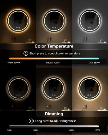Дзеркало для ванної кімнати Dripex круглої форми з підсвічуванням LED, сенсорне керування, регулювання яскравості, 3 кольори світла, антизапарник, 50x50 см