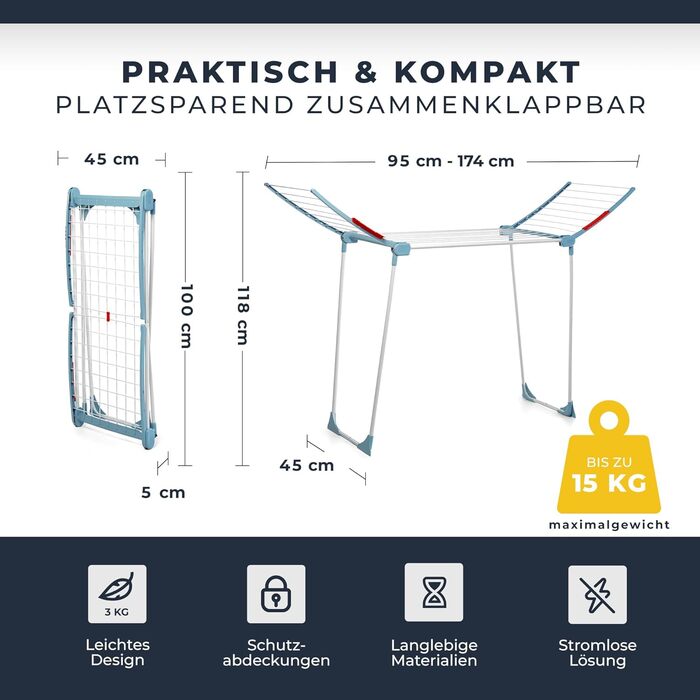 Розкладна сушарка для білизни XXL, 20 м сушильної поверхні, економна, стабільна, чорна з прищіпками для маленької білизни (Блакитний Невада)