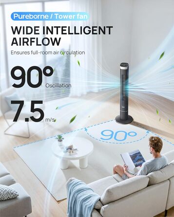 Турбовентилятор Leiser з осциляцією 90°, Wi-Fi, пульт, 4 швидкості, 4 режими, таймер 12 год, чорний, 102 см