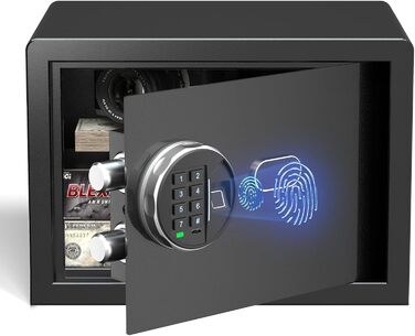 Сейф Grimtron з біометричним сканером відбитків пальців – 22L, LED-підсвічування, тихий режим, захист від злодіїв, нержавіюча сталь, чорний