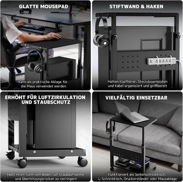 Регульована підставка для ПК PUTORSEN з 2 рівнями, з роликами та підкладкою для миші, чорна (Mid-Tower)