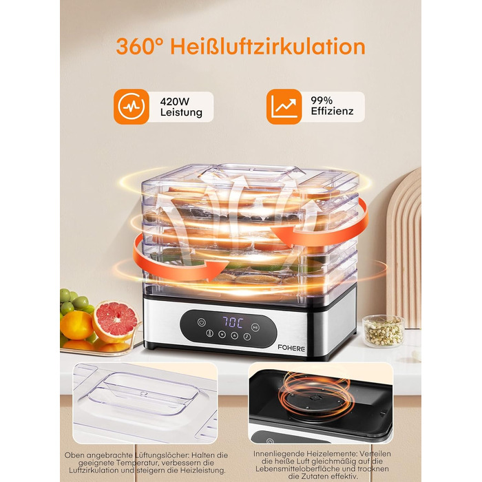 Електрична сушарка для продуктів FOHERE з нержавіючої сталі, 5 ящиків, LED-дисплей, 420W, 35-70°C, таймер 48h, для їжі, грибів, фруктів, м'яса, риби, овочів, без BPA