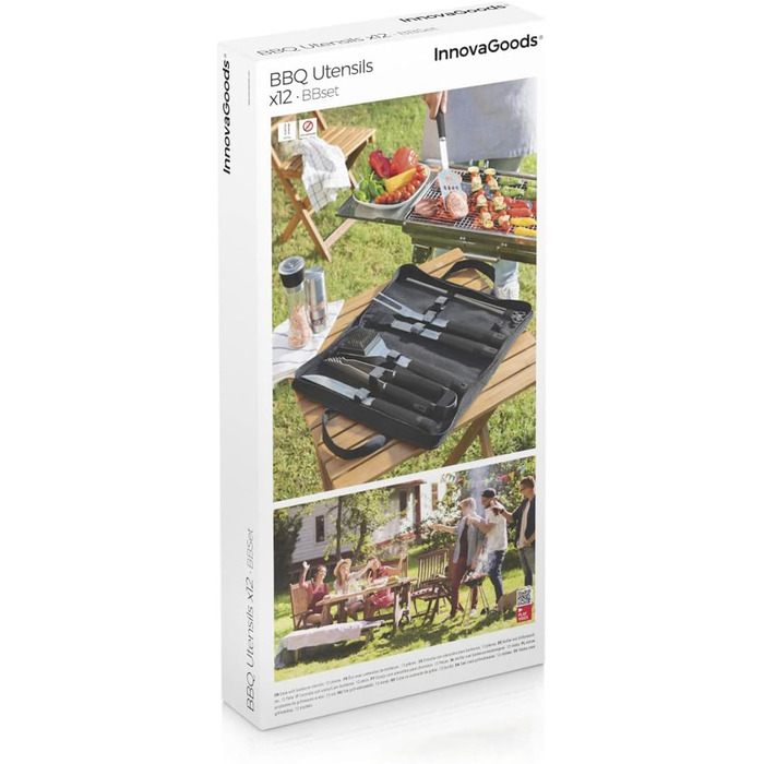 Набір гриля InnovaGoods 12 предметів: інструменти з нержавіючої сталі, термостійкі ручки, кейс, миється в посудомийній машині, чорний, сталь, нержавіюча сталь