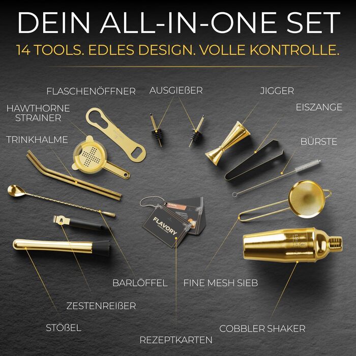 Набір для коктейлів Cobbler 700мл з нержавіючої сталі, професійний шейкер для барменів з підставкою та рецептами, класичний набір (Gold)