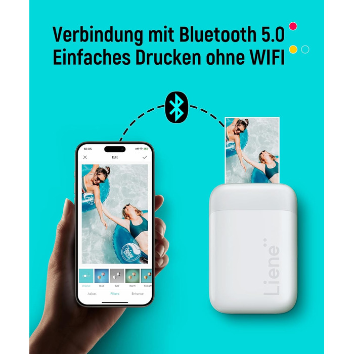 Liene Pearl K100 Міні-фотопринтер для смартфонів, білий. Підтримка Bluetooth 5.0, сумісний з iOS та Android, 5 листів фотопаперу.