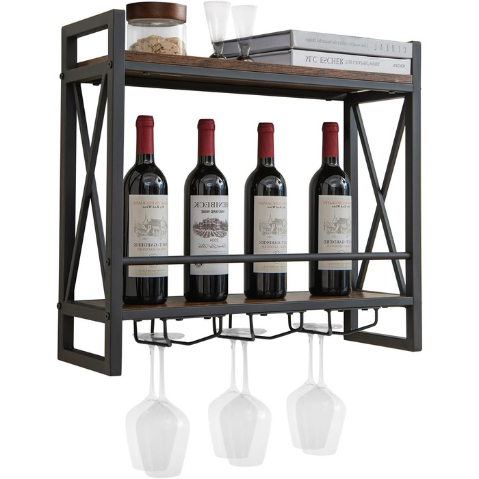 Стильна полиця для вина Komfotteu на стіну, дерев'яна з металевим каркасом, з тримачем для келихів, 60 x 20 x 55 см