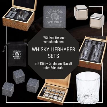 Набір Woma Whisky Stones 8 базальтових кубиків, 4 келихи, дерев'яна шкатулка, оксамитовий мішечок для віскі та коктейлів