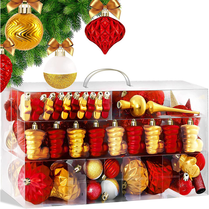 Різдвяні кулі набір з 101 предмета з мереживом ялинкові кулі Пластикові не б'ються з пластиковими ялинкові кулі коробка різдвяні прикраси і ялинкові прикраси (червоний / золотий)