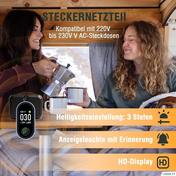 Виявлювач CO з HD-дисплеєм для дому та кемпінгу: 3-в-1 (CO, температура, вологість)