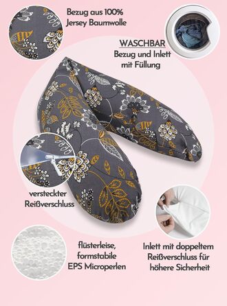 Подушка для вагітних Bear Classic 190 см, анатомічна подушка для сну та підтримки з 100% бавовняного джерсі (Сірі квіти)