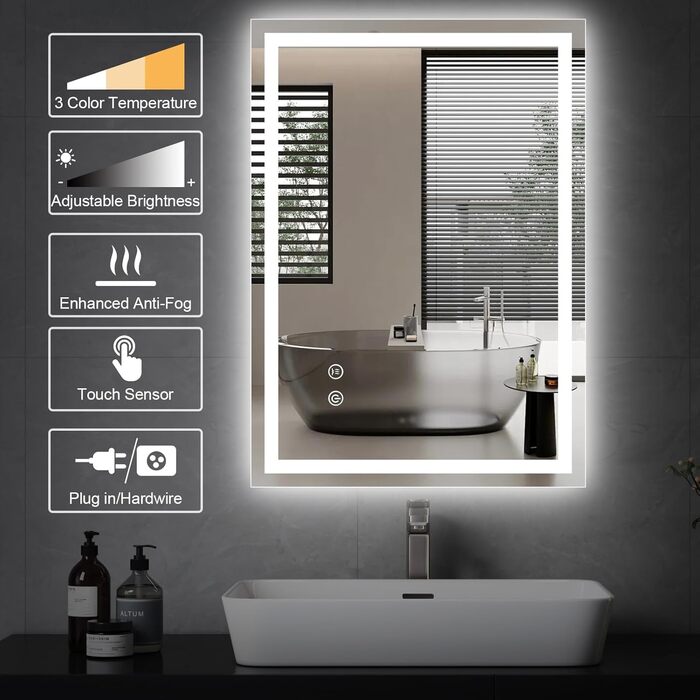 Дзеркало для ванної кімнати зі світлодіодним підсвічуванням 50x70 см, LED дзеркало з сенсорним вимикачем, 80x60 см з 3-кольоровим регулюванням яскравості