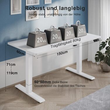 Регульований стіл, електричний, ергономічний, для дому та офісу, білий (150 x 60 см)