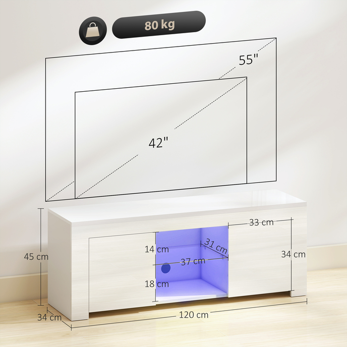 Телевізійна тумба з LED-підсвіткою, 2 дверцятами, скляною полицею, отворами для кабелів, для вітальні, виготовлена з ДСП, білого кольору.