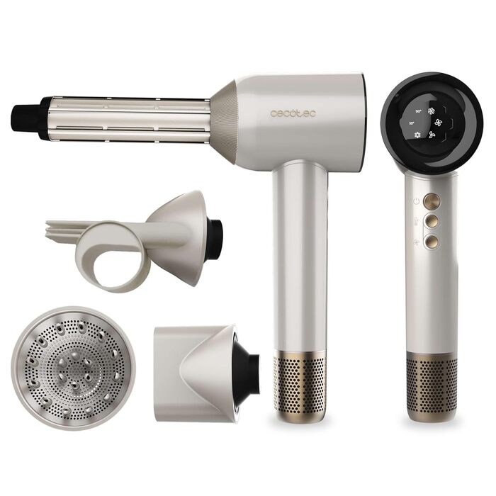 Фен Cecotec DryGlam Waves Champagne з безщітковим мотором та Plasmatechnologie, 1600W, 110000RPM, 4 насадки, Coanda-ефект, цифрова панель, інтелектуальне регулювання температури, функція пам'яті