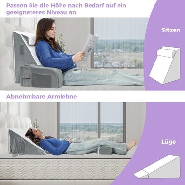 Велике подушко-крісло для читання Babenest з підлокітником, високоеластична піна, ергономічна підтримка спини, подушка для шиї та підголівник, подушка для рефлюксу для сну, ігор, перегляду телевізора для ліжка та дивану, білий та сірий