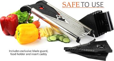 Мандоліна для нарізання овочів Chef's INSPIRATIONS з V-подібною лезою, овочевий терт, слайсер та джигунер. В комплекті 6 насадок, щітка для чищення та захисний рукавичка. Нержавіюча сталь.