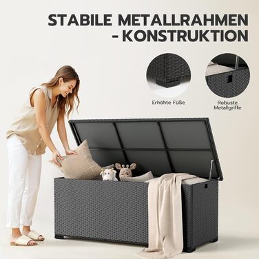 Скриня для подушок садових Polyrattan Amopatio 650л, водонепроникна, з газліфтом, чорна. Ящик для зберігання речей на вулиці для саду, балкону