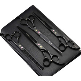 Фіолетовий дракон 8,0-дюймові чорні професійні ножиці для догляду за домашніми тваринами, прямі ножиці для собак, ножиці для проріджування / змішування і вигнуті ножиці з кишенею (чорний)
