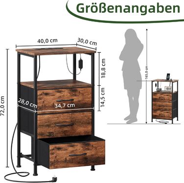 Нічний столик Somdot з підзарядкою, LED, розеткою (USB, Type-C) для спальні, вітальні, дитячої кімнати. Нічний столик, тумбочка, 30x40x60 (2 висувні ящики), деревоподібний масив, 2