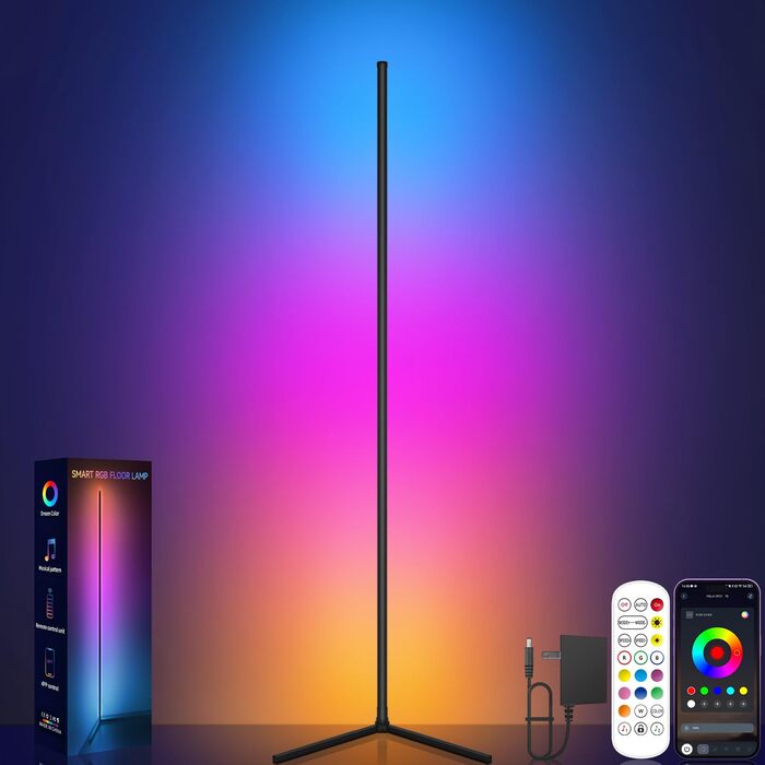 LED торшер у вітальню RGB кутовий, димується з пультом та додатком, синхронізація з музикою, DIY-режим, таймер - чорний