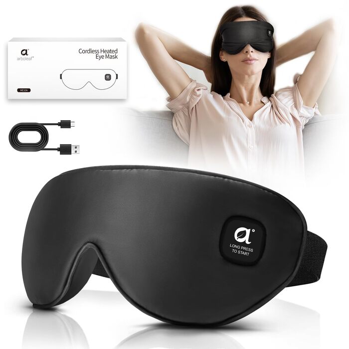 Окуляри-маска для очей Arboleaf з підігрівом: для сухих очей та кращого сну, 3 режими, знімна, для релаксації, чорний колір