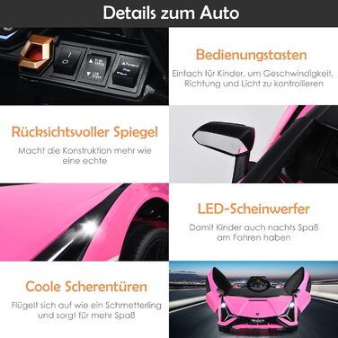 Дитячий електромобіль Lamborghini 12V COSTWAY з пультом, MP3, музикою, LED-фарами, рожевий, для дітей 3-8 років