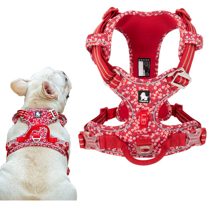 Шлейка для собак tineer з квітковим малюнком, що не тягнеться, світловідбиваюча нейлонова регульована м'яка жилетка, тренувальна шлейка для маленьких собак середнього розміру (XL груди 81-107 см, червоного кольору)
