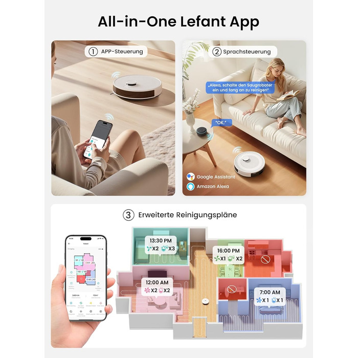 Робот-пилосос LEFANT M330 Pro з функцією миття підлоги, 3-в-1, 5000Pa, лазерна навігація, уникнення перешкод PSD, керування через додаток та голосовий помічник (M2S Pro)