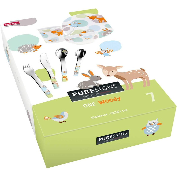 Puresigns WOODY Преміум дитячий набір столових приборів: ергономічний набір з нержавіючої сталі з мотивом лісових тварин для хлопчиків та дівчаток (7-ти елементів)