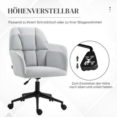 Крісло HOMCOM Swivel регульоване по висоті сучасне для вітальні та офісу, стілець-стілець з підлокітниками в оксамитовому стилі до 120 кг, світло-сірий