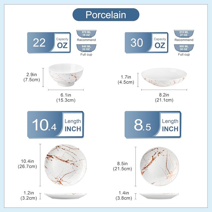 LOVECASA Сервіз столовий порцеляновий Daphne SWEET, 24-частинний набір, 6 персон. Сервіз з золотим декором: тарілки для їжі, десертні тарілки, миски для каші та супові тарілки.