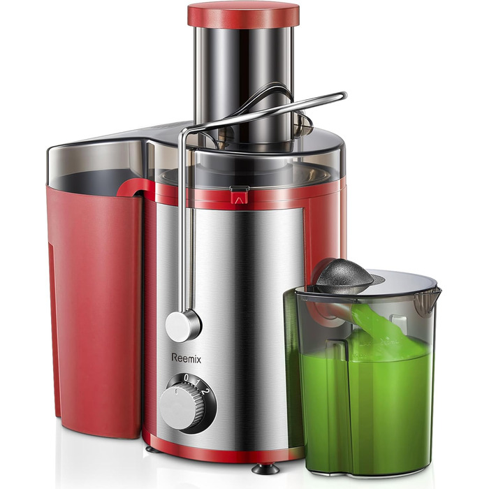 Reemix Соковитискач для овочів та фруктів, професійний Max Juicer з нержавіючої сталі, 800W, 3 швидкості, червоний