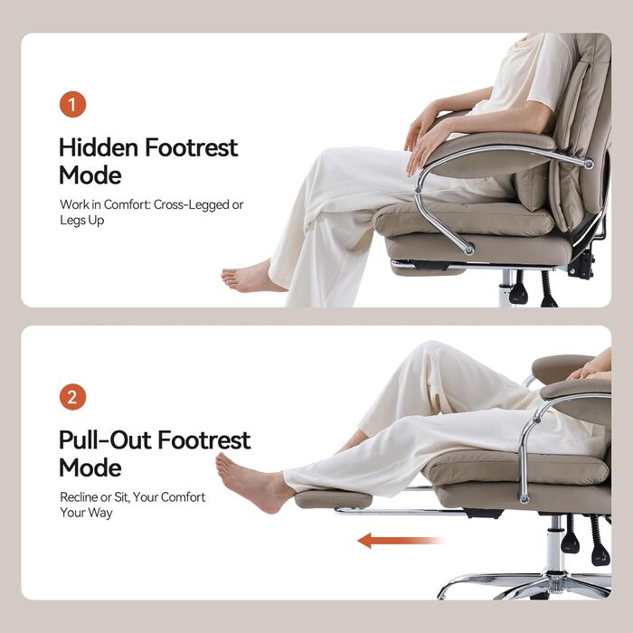 Офісний крісло EMIAH з підніжкою: ергономічний крісло для офісу та дому, з PU шкіри, підніжкою, підлокітниками та колесами. Підходить для роботи за комп'ютером та ігор. Колір: хакі. Без функції масажу.