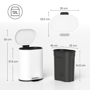 Відро для сміття 12 л з педаллю, внутрішнім відром, м'яким закриттям кришки, біле (30 x 25,5 x 37,5 см)