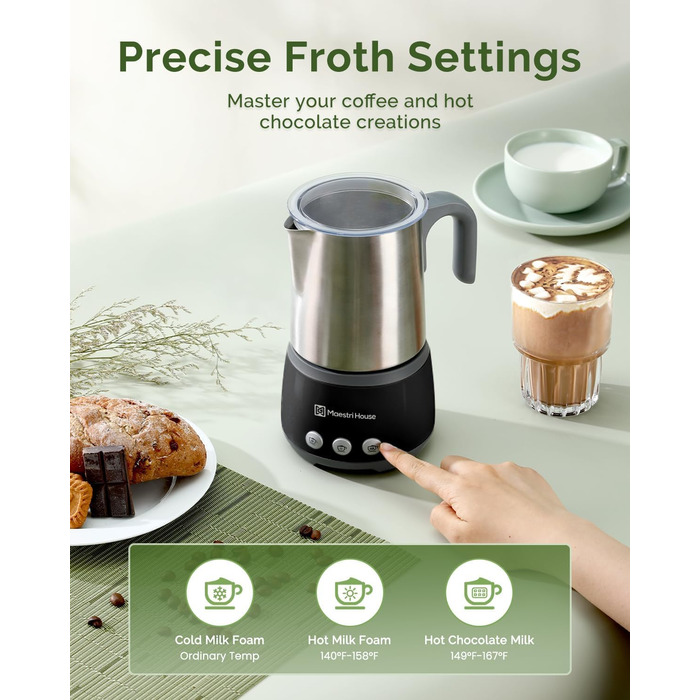 Електричний спінювач молока Maestri House 500 мл 4-в-1 з керуванням Smart Touch, функція пам'яті, для лате, гарячого шоколаду та теплого молока, чорно-сірий
