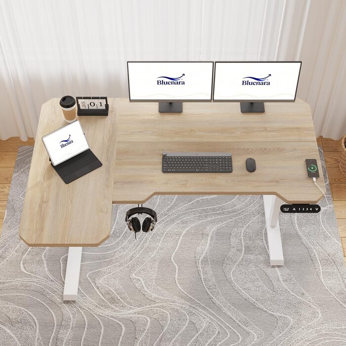 Електричний кутовий стіл з регулюванням висоти 150 см, L-подібний, з 4-ма пам'ятями, світлий дуб, для дому та офісу