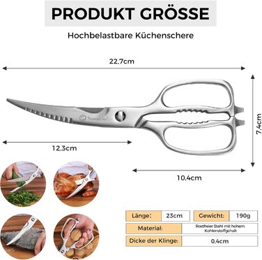 Кухонні ножиці Sunnecko 8 дюймів (20 см) - універсальні, з подрібнювачем горіхів, з ергономічною ручкою, знімні леза, з нержавіючої сталі