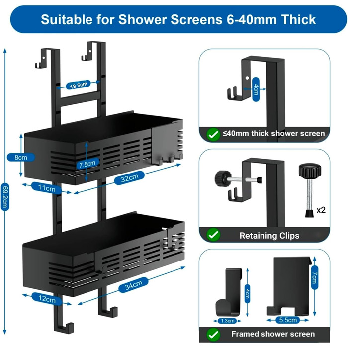 Настінна поличка для душу без свердління, чорна, для скляних душових кабін, регульована висота, 3 гачки для шампуню та гелю для душу