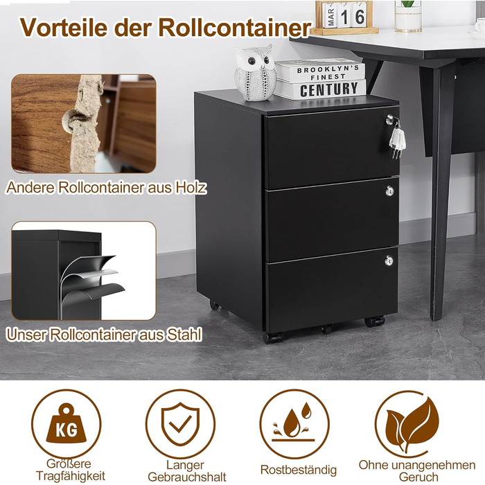 Роликовий контейнер HOMSTEEL з 3 замками, 3 висувні ящики, для офісу та дому, білий (44 x 37 x 60 см)